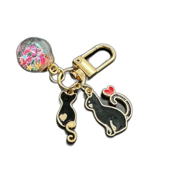Source Unknown Accessories - BAG CHARM Cats Heart Confetti Ball Black KeyChain Zipper Pull NIP